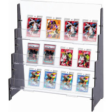 Expositor de acrílico para cartas colecionáveis, preto, com 3 níveis.