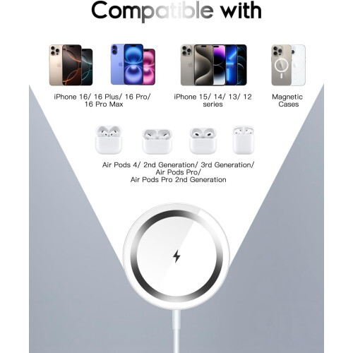 MagSafe trådløs oplader 15W sølv til iPhone 16 til 12 år 2
