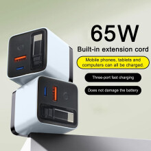 65W 3-in-1 intrekbare wandlader met USB-C-kabel en 2