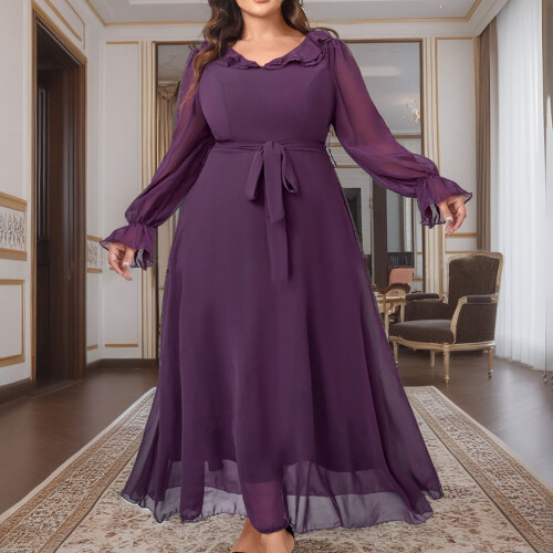 Damen Winter Maxikleid Langarm Hochtailliert Chiffon 1