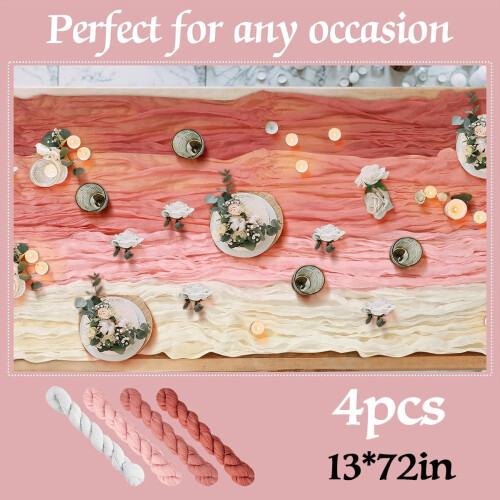 Chemin de table en mousseline rose dégradée, 4 pièces, 1,83 m 2