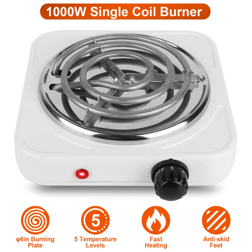 Electric Single Burner Hot Plate 1000W 5-Temp White