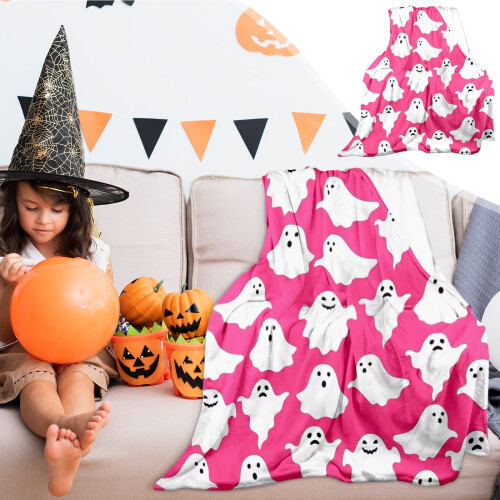 Halloween Ghost Throw Blanket Pink White Lightweight Cozy 1