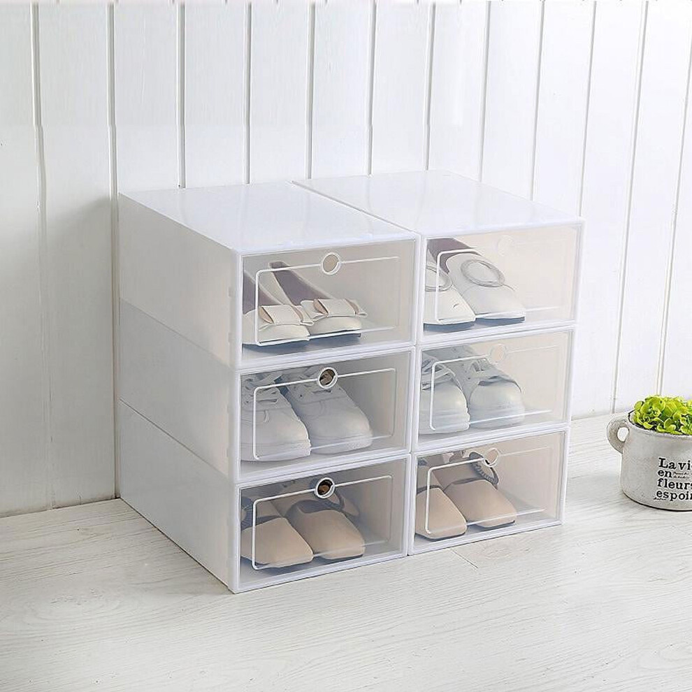 Clear pull-down shoe box with front access, stackable