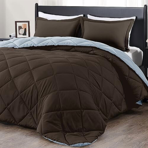 Queen Comforter Set Brown Blue 3-Piece 88x92 Inch