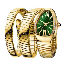 Dameshorloge met gouden slangenarmband, wijzerplaat met diamanten en
