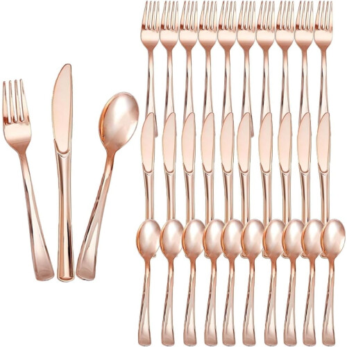 Ensemble de couverts en plastique or rose, robustes, 75 pièces