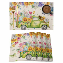 Manteles individuales de Pascua con textura de lino, color verde, estampado floral de camión, 12 unidades.