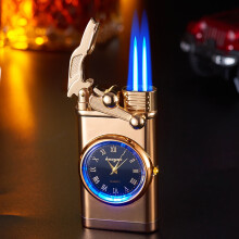 Herre metallighter med ur, blå flamme, dobbelt tænding