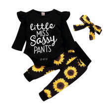 Completo tutina per neonata con pantaloni e fascia per capelli con stampa girasoli