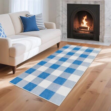 Small Blue and White Checkered Runner Rug 2x4 Feet