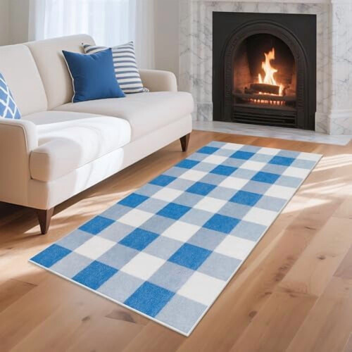 Small Blue and White Checkered Runner Rug 2x4 Feet