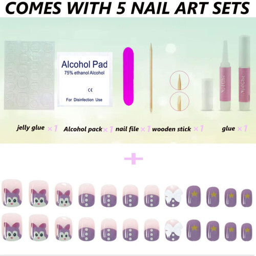 Rabbit-shaped press-on nails blue short full cover 24 pcs 2
