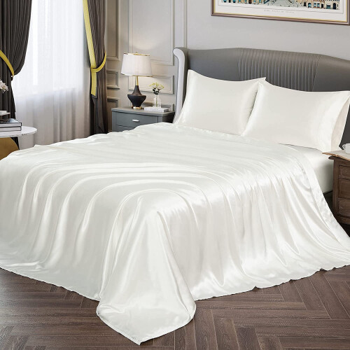 Parure de lit 4 pièces en satin blanc ivoire, taille standard