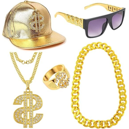 Σετ Ρετρό Στολής Χιπ Χοπ Dollar Gold Chain 5 Τεμαχίων