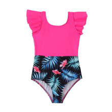 Black floral one-piece kids swimsuit with chest pads and