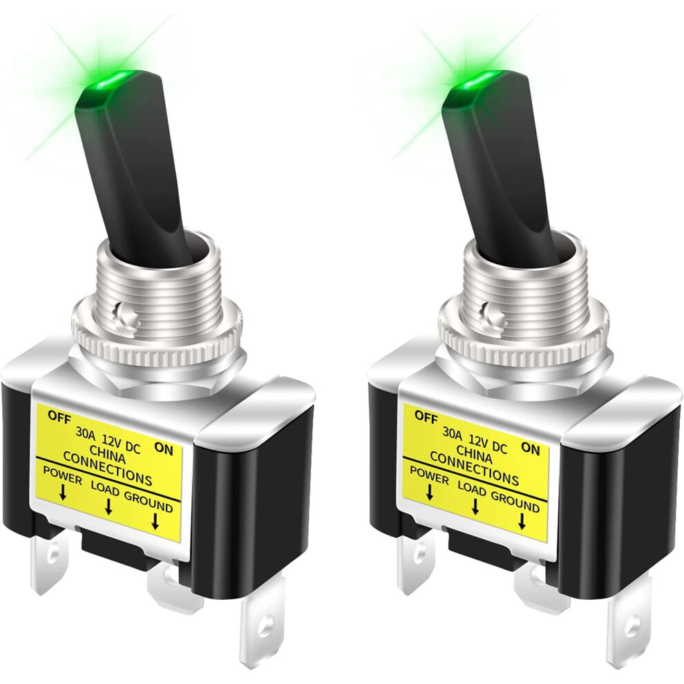Illuminated Toggle Switch 12V Led 30A Spst 2 Pcs Green 9132278345116