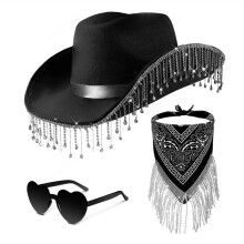 Chapéu de cowboy masculino preto elegante com borla leve, conjunto de três peças.
