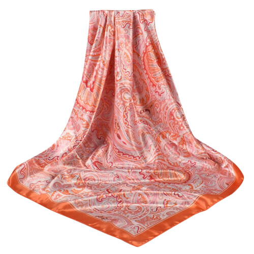 Lenço de seda quadrado, transparente, com estampa de flor de caju.