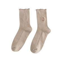Dames wollen pluizige sokken met borduursel, beige, one size