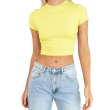 Camiseta corta básica amarilla de manga corta para mujer, talla M