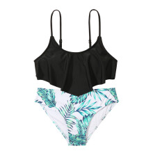 Ruffles Hollow Bikini Set for Girls, Leaves Print, Size 6-7