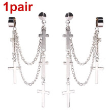 Punk Cross Tassel Earrings Metal Chain Clip Stud