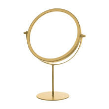 Gouden draagbare make-upspiegel van metaal met afgerond ontwerp.
