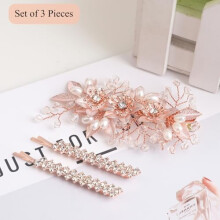 Pinces à cheveux de mariage à motif floral, strass et perles, lot de 3, rose