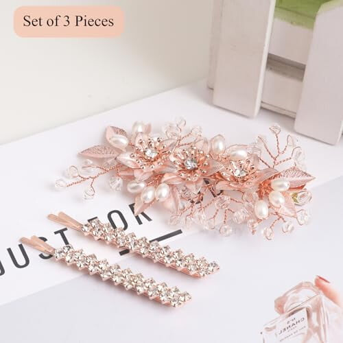Fermagli per capelli da sposa, set di 3 pezzi con decorazioni floreali, strass e perle, colore rosa