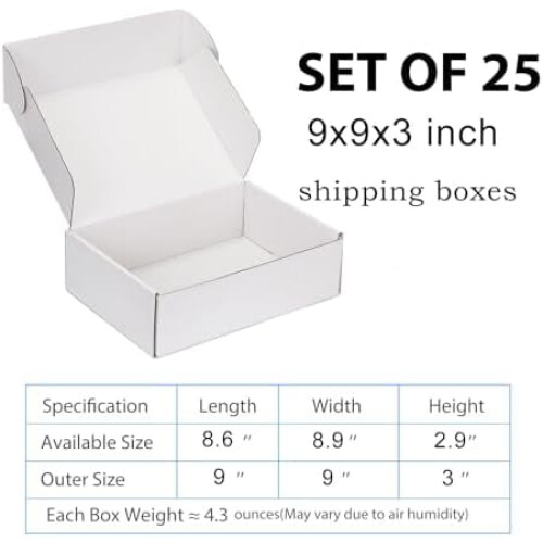 Caixas de envio de papelão ondulado branco resistente, 23 x 23 x 8 cm (9 x 9 x 3 polegadas), pacote com 25 unidades.
