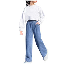 Girls Light Blue Denim Pants with Pockets - Casual Solid