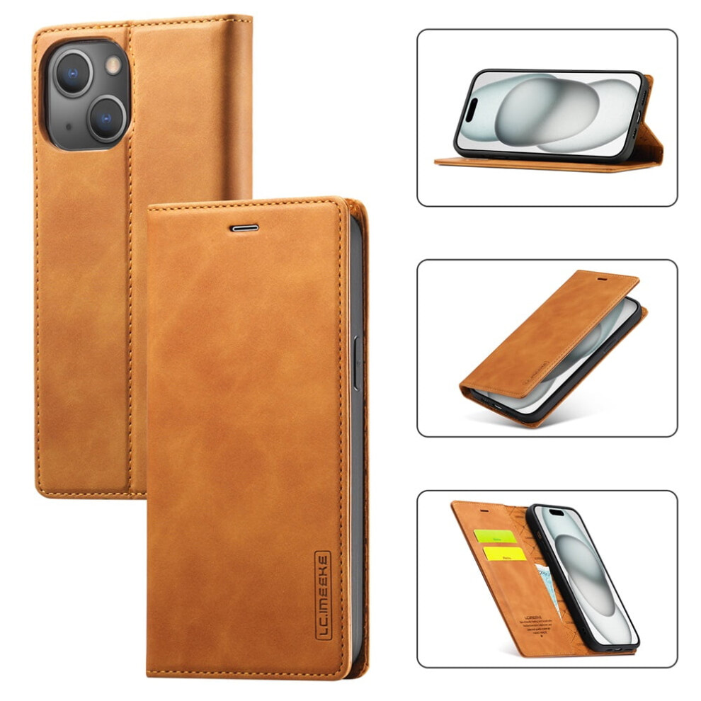 Leather Flip Wallet Case For Iphone 15 Plus Brown 941196978721