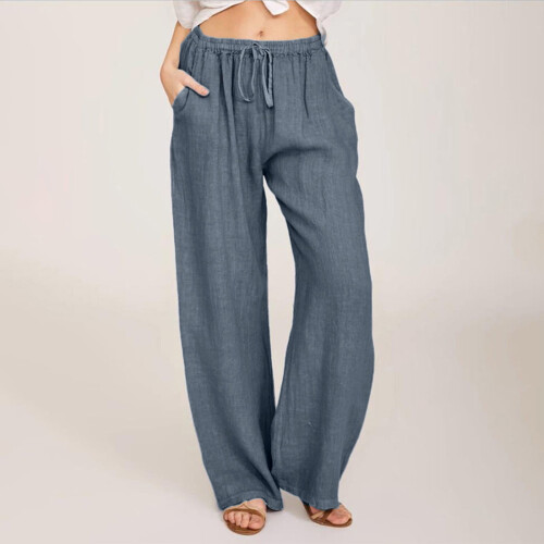 Calça feminina casual de algodão misto com pernas largas e elástico. 1