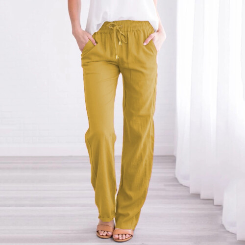 Pantaloni casual dritti da donna in misto lino e cotone con 1