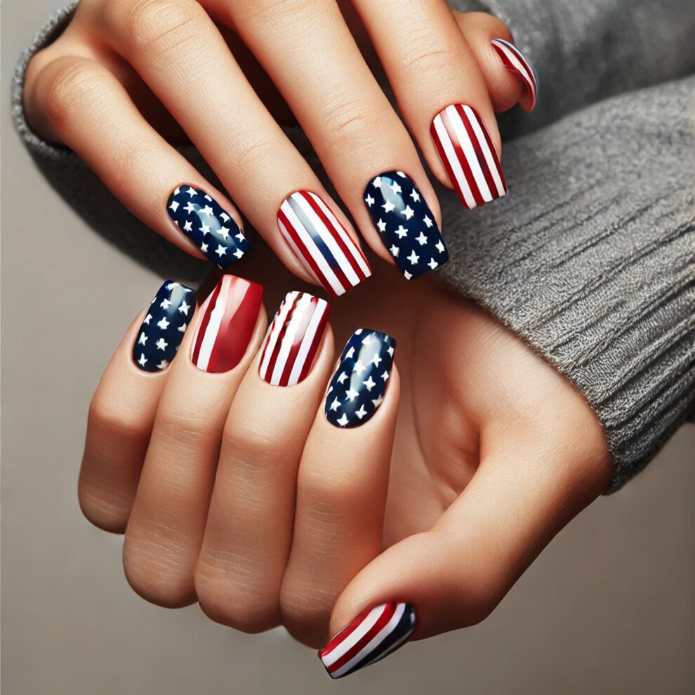4th of July Press-on Nails Almond Bling Red Silver Stars 24
