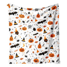 Pătură din fleece de Halloween cu imprimeu de pânză de păianjen și dovleac și liliac