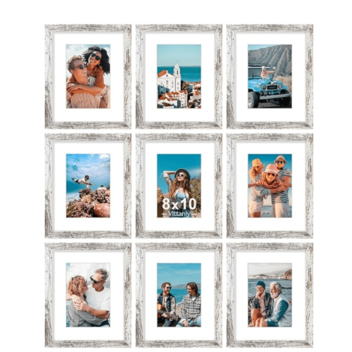 Ensemble de 9 cadres photo en bois composite blanc vieilli
