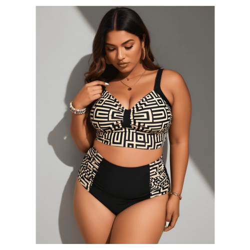 Plus size tweedelig bikini badpak retro geruit hoog