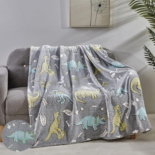 Couverture légère phosphorescente grise à motif dinosaure 1