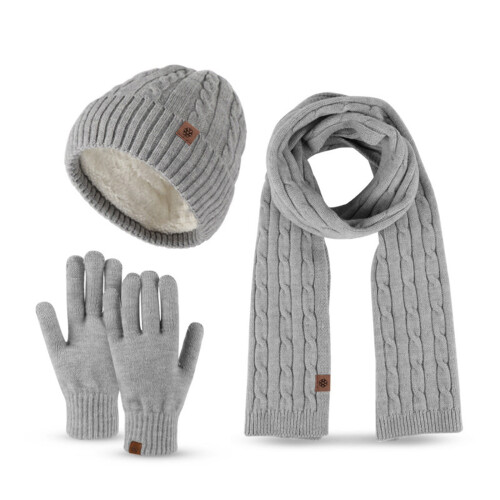 Conjunto de malha de inverno unissex cinza com gorro e cachecol forrados com lã.