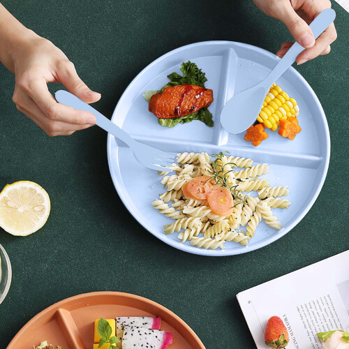 Divided Plate Set with Utensils Blue 3-Compartment BPA-Free