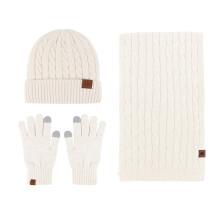 Conjunto de malha de inverno unissex, gorro e cachecol forrados com lã bege.