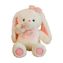 Coniglietto di peluche bianco con grembiule rosa a fiocco e rifiniture in pizzo.