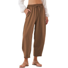 Calça feminina de verão, cintura alta, modelagem ampla, cor café, comprimento até o tornozelo.