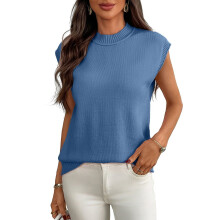 Suéter feminino azul sem mangas com gola redonda, tamanho P