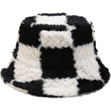 Sombrero de cubo de invierno a cuadros con piel sintética y gorro cloche cálido