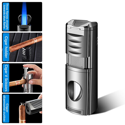Isqueiro maçarico recarregável 4 em 1 com chama tripla, USB-C,