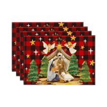 Manteles individuales navideños de lino con estampado de cuadros rojos y negros (juego de 4)