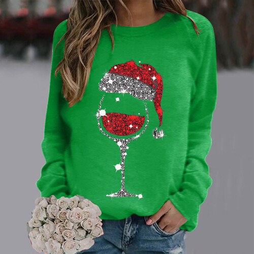 Damen-Weihnachtspullover mit Weinglas und Weihnachtsmannmütze 1